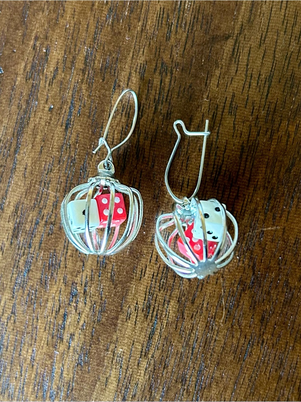 Silver Cage Drop Earrings with Red and White Dice Accent